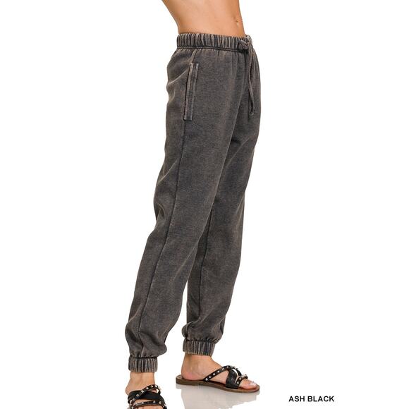 Zenana-Acid wash fleece sweatpants with pockets - Picture 2 of 3